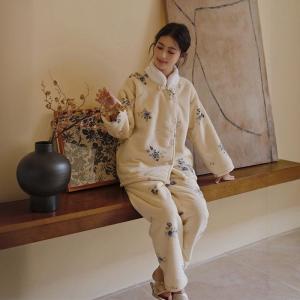Cheongsam Collar Winter Fleeced Elegant Nightgowns Sets