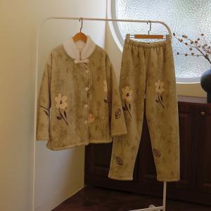 Cheongsam Collar Winter Fleeced Elegant Nightgowns Sets