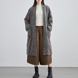 Green Patchwork Gray Quilted Linen Coat