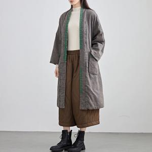 Green Patchwork Gray Quilted Linen Coat