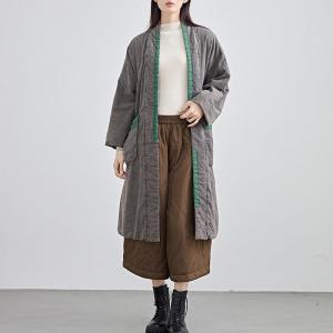 Green Patchwork Gray Quilted Linen Coat