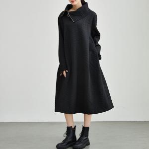 Zip Up Collar Black Cable Stitch Sweater Dress
