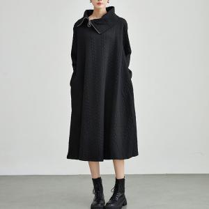 Zip Up Collar Black Cable Stitch Sweater Dress
