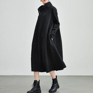Zip Up Collar Black Cable Stitch Sweater Dress