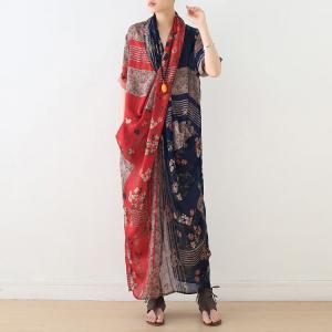 Red and Blue Printed Mulberry Silk Front Cross Dress