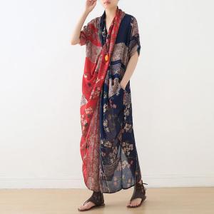 Red and Blue Printed Mulberry Silk Front Cross Dress