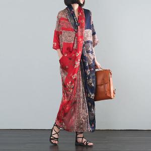 Red and Blue Printed Mulberry Silk Front Cross Dress