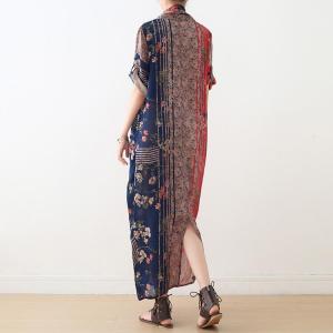 Red and Blue Printed Mulberry Silk Front Cross Dress