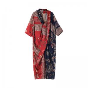 Red and Blue Printed Mulberry Silk Front Cross Dress