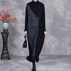 Double-Breasted Black and Gray Loose Winter Dress