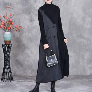 Double-Breasted Black and Gray Loose Winter Dress