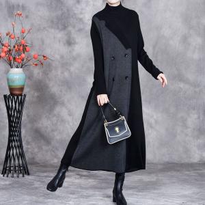 Double-Breasted Black and Gray Loose Winter Dress