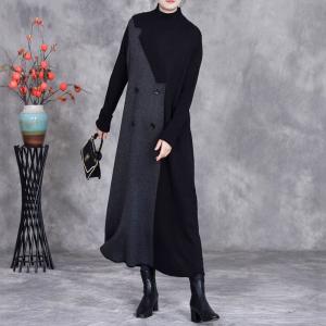 Double-Breasted Black and Gray Loose Winter Dress