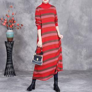 Red Striped High Collar Knit Midi Dress