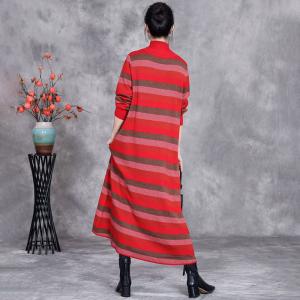 Red Striped High Collar Knit Midi Dress