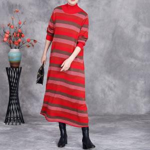 Red Striped High Collar Knit Midi Dress