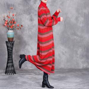 Red Striped High Collar Knit Midi Dress