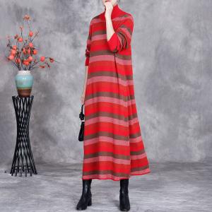 Red Striped High Collar Knit Midi Dress