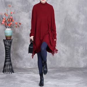 High Collar Asymmetrical Tassel Tunic Knitwear