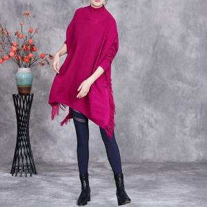 High Collar Asymmetrical Tassel Tunic Knitwear
