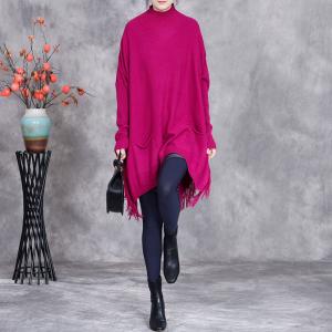 High Collar Asymmetrical Tassel Tunic Knitwear