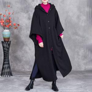 Cable Knit Black Plus Size Long Hooded Cape Coat