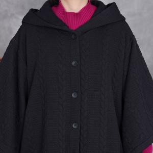 Cable Knit Black Plus Size Long Hooded Cape Coat