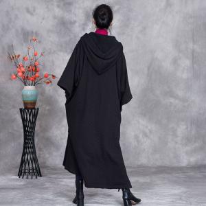 Cable Knit Black Plus Size Long Hooded Cape Coat