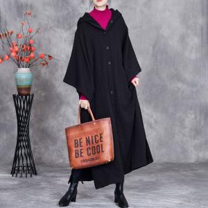 Cable Knit Black Plus Size Long Hooded Cape Coat