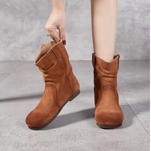 Boho Chic Suede Leather Midi Fleeced Cowboy Boots