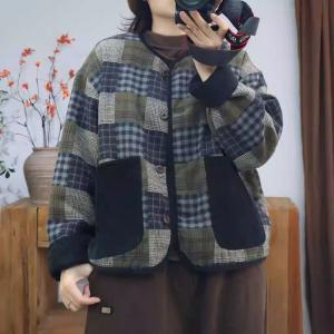 Black Pockets Cotton Linen Quilted Tartan Jacket