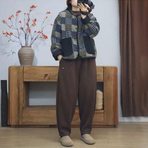 Black Pockets Cotton Linen Quilted Tartan Jacket