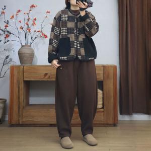 Black Pockets Cotton Linen Quilted Tartan Jacket