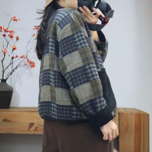 Black Pockets Cotton Linen Quilted Tartan Jacket