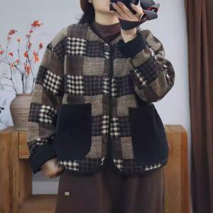 Black Pockets Cotton Linen Quilted Tartan Jacket