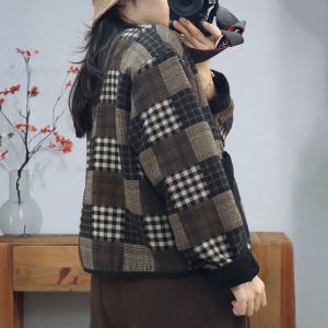 Black Pockets Cotton Linen Quilted Tartan Jacket