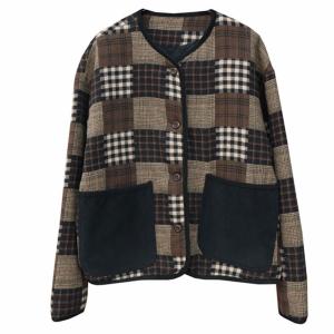 Black Pockets Cotton Linen Quilted Tartan Jacket