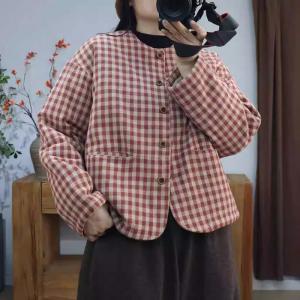 Crew Neck Classic Plaid Quilted Jacket