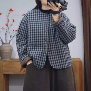 Crew Neck Classic Plaid Quilted Jacket