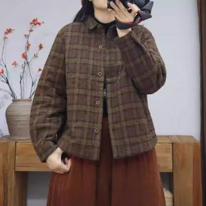 Quilted Lapel Collar Oversized Tartan Shirt