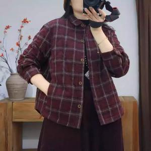 Quilted Lapel Collar Oversized Tartan Shirt