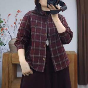 Quilted Lapel Collar Oversized Tartan Shirt