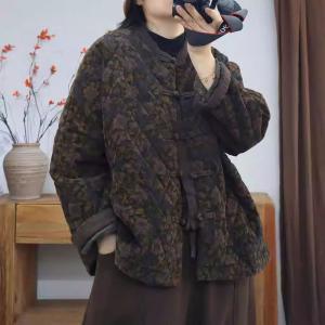 Eastern Fashion Frog Buttons Quilted Floral Coat