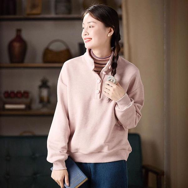 Stand Collar Baby Pink Cotton Hoodless Sweatshirt