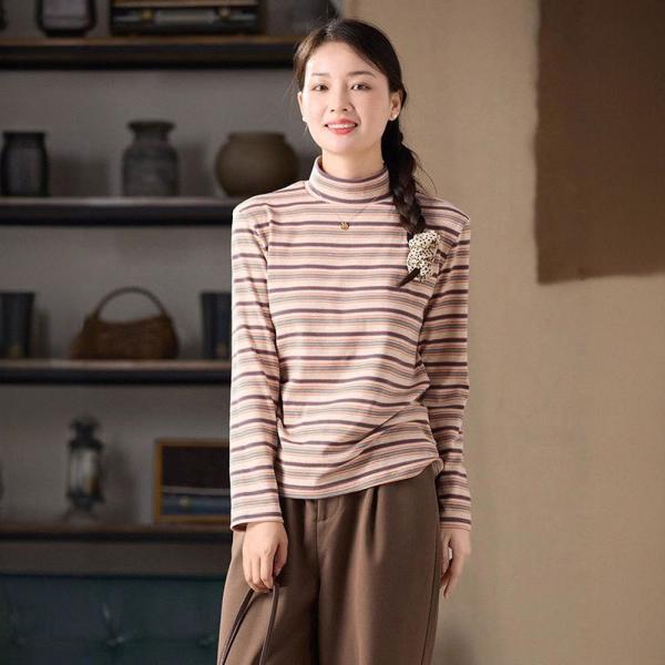 Colorful Striped High Collar Soft T-shirt