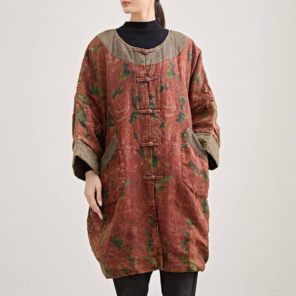 Rustic Style Red Peony Plus Size Linen Tunic