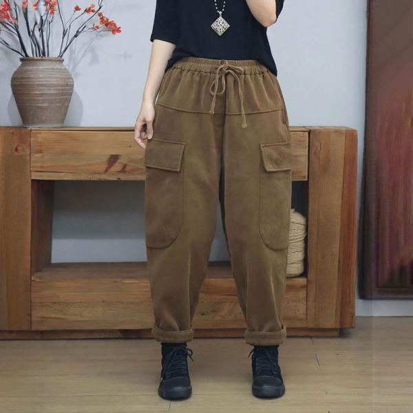 Drawstring Waist Flap Pocket Fleeced Cotton Pants