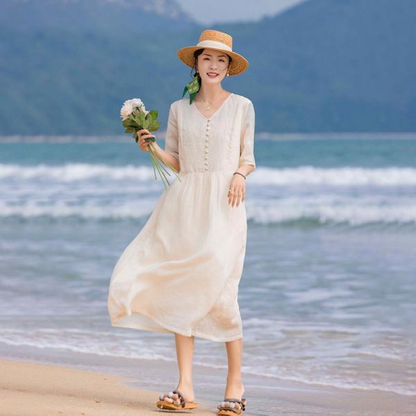 Apricot Embroidery Loose Ramie Boho Midi Dress