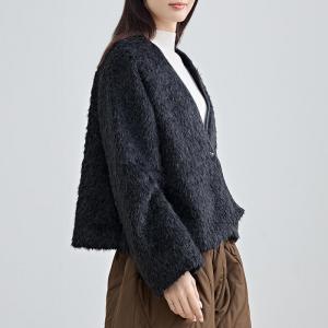 Old Money Short Black Fluffy Jacket Coat