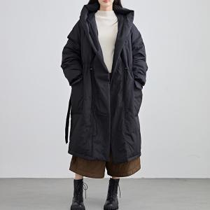 Tied Waist Black Midi Hooded Down Coat